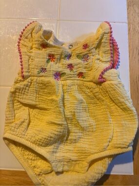 Baby Essentials Yellow Baby Romper with Pink Trim and Floral Embroidery
